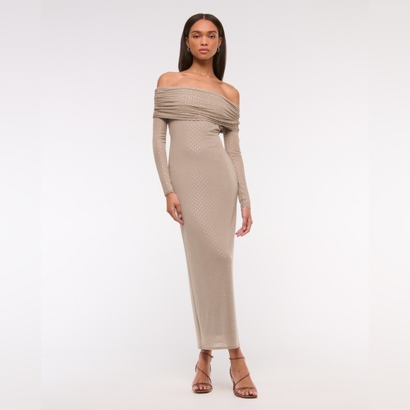 Abercrombie & Fitch Taupe Off-The-Shoulder Rhinestone Mesh Maxi Dress Size XSP - Picture 1 of 16